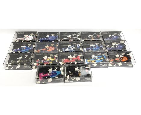 17 x Minichamps 1/43 scale Formula 1 racing cars: #400 770120; #430 700024; #400 030034; #400 020108; #400 045412; #430 77000