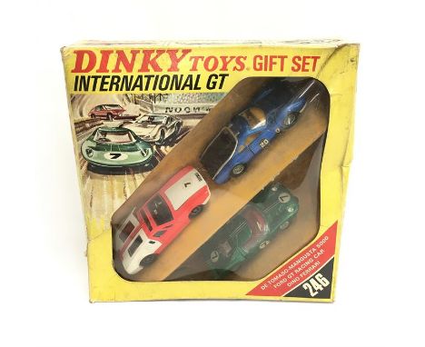 Dinky Toys Gift Set 246 International GT, comprising: De Tomaso Mangusta 5000; Ford GT Racing Car; Dino Ferrari. Appear G-VG 