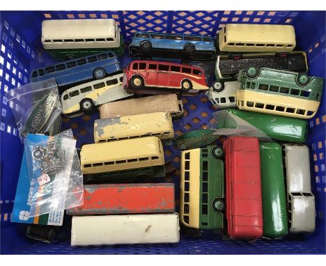 21 x Dinky Toys buses, overall P-F with some repainting. Together with a selection of bus pin badges. 