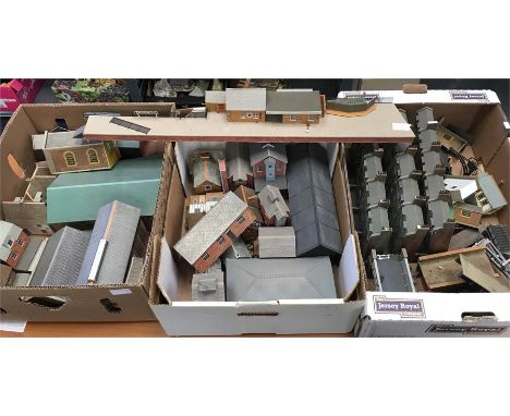 3 Trays containing Kit and Scratch built Card/Balsa Wood and Plastic Station Buildings, Shops, Station Yard accessories, Ware