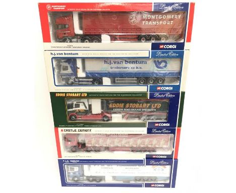 Five Corgi 1/50 scale modern trucks: CC12906 Scania Topline Fridge Trailer - P&C Hamilton; CC12910 Scania Topline Curtainside