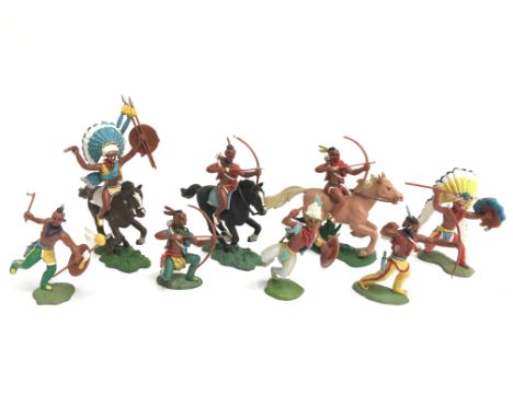 Eight Britains Herald Swoppets Wild West Indians: Mounted Indian Chief with Dagger and Shield; 2 x Mounted Indian Brave with 