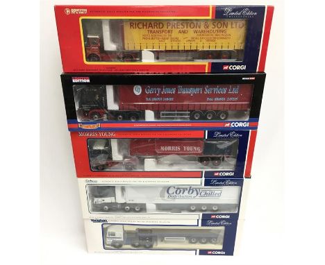 Five Corgi 1/50 scale modern trucks: CC12216 Scania Fridge Trailer - Corby Chilled; CC12703 ERF ECS Flatbed Trailer - Vaughan