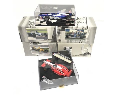 Five Minichamps Damon Hill 1/43 scale models: Williams Renault FW18 Winner German GP 1996; Jordan 198 4th Place German GP 199