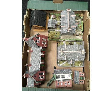 A selection of kit-built buildings/ detailed dioramas for a OO gauge model railway layout, includes houses with gardens and a