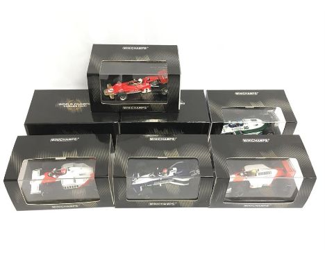 Seven Minichamps 1/43 scale World Champions Collection F1 models: #436 820106; #436 700005; #436 880012; #436 970003; #436 96