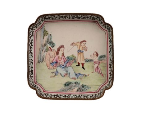 CANTON ENAMEL EUROPEAN-SUBJECT SQUARE-SECTION DISH, QIANLONG PERIOD, with canted corners, the centre showing three European a