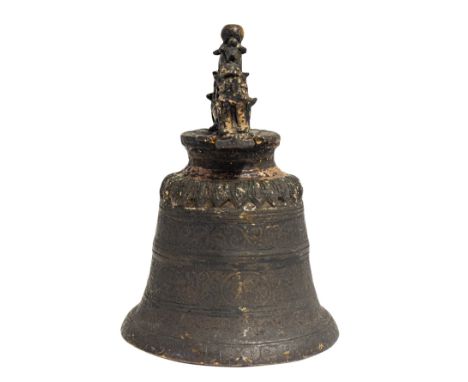 BRONZE AND POLYCHRONE PAINTED TEMPLE BELL, THAILAND, 18TH / 19TH CENTURY, 27cm high, 19cm wide