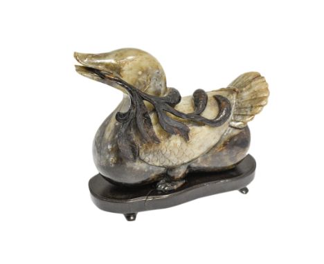 LARGE MOTTLED JADE DUCK, MING STYLE, 15cm high, with a hardwood stand