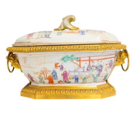 LARGE EXPORT FAMILLE ROSE AND GILT BRONZE MOUNTED TUREEN AND COVER, PORCELAIN 18TH CENTURY, mounts are later, 34cm wide, 25cm