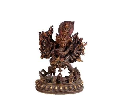 BRONZE FIGURE OF VAJRABHAIRAVA AND VAJRAVETALI, TIBET, the figure seen striding in alidhasana in embrace, he holding a skull 