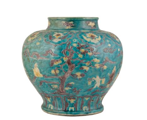 LARGE FAHUA TURQUOISE-GROUND BALUSTER JAR (GUAN), MING DYNASTY, EARLY 16TH CENTURY, with slip-trailed decoration, the neck wi