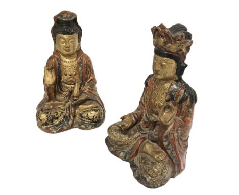 PAIR OF POLYCHROME PAINTED BRONZE BUDDHAS, Qing Dynasty, 19th Century, 25cm high (2)