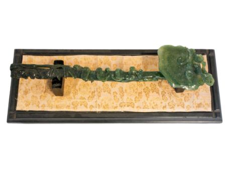 CARVED SPINACH JADE 'LINGZHI' FUNGUS RUYI SCEPTRE, in a presentation case, 43cm long 