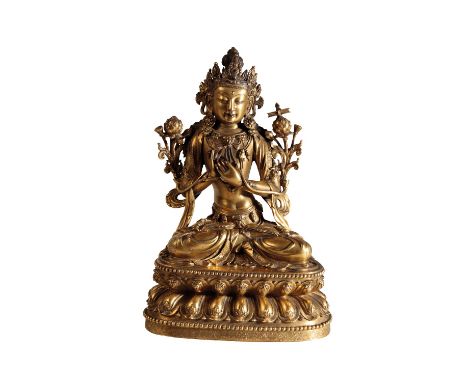 FINE GILT-BRONZE FIGURE OF MANJUSHRI, YONGLE MARK AND OF THE PERIOD, finely cast with the bodhisattva seated in dhyanasana on