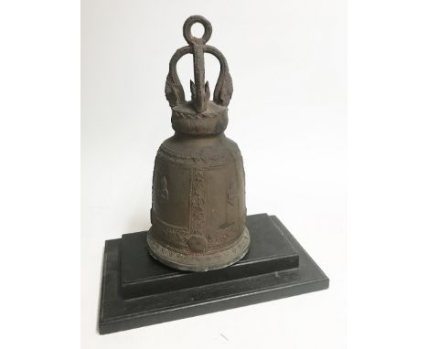 LARGE BRONZE TEMPLE BELL, THAILAND, LATE 19TH / EARLY 20TH CENTURY, 51cm high, 25cm wide, on a modern metal stand