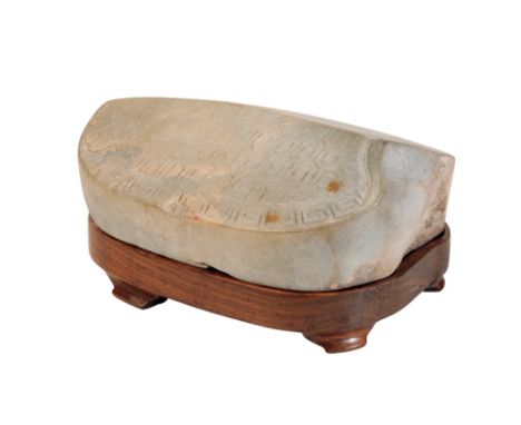 RARE CARVED JADE TORTOISE SHELL, TANG DYNASTY, realistically carved, the edge with a key fret band, raised on a hardwood stan