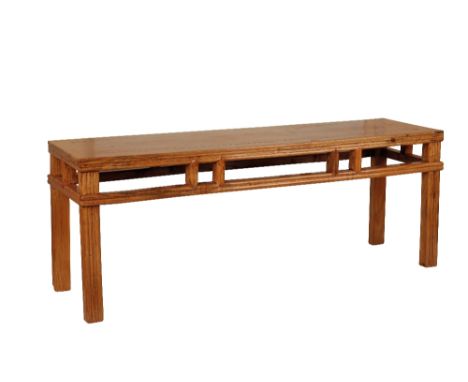 PAIR OF CHINESE ELM SCROLL TABLES, LATE 19TH/EARLY 20TH CENTURY, with rectangular tops, 114cm x 33cm, (2)
