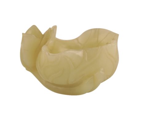 CELADON JADE LOTUS-FORM WASHER, QING DYNASTY OR LATER, the vessel formed as an opening lotus leaf, the handle to one side for