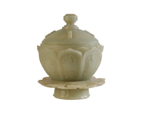CELADON JADE 'LOTUS PETAL' CENSER AND COVER, QIANLONG PERIOD, cover possibly associated, modelled as a covered cup and stand,