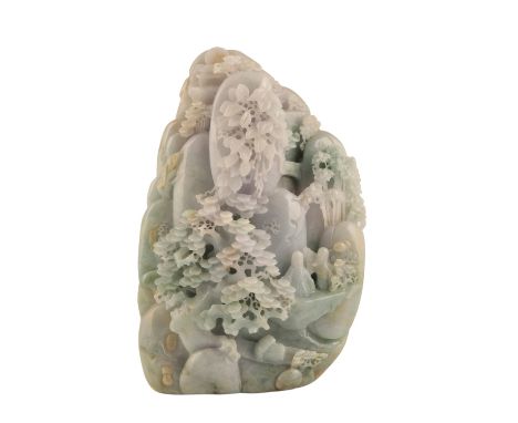 JADEITE MOUNTAIN , QING DYNASTY OR LATER, with flat back, carved with a pine tree and a fruiting peach above, two bearded sag