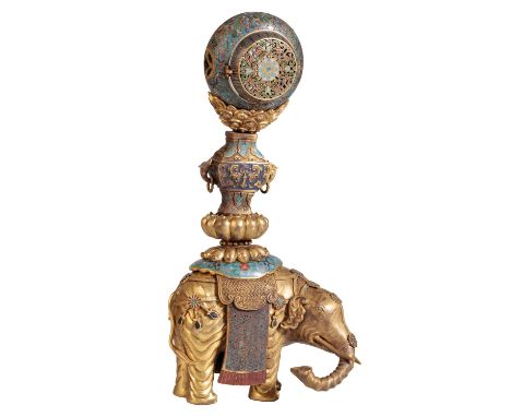 FINE GILT BRONZE AND CLOISONNE CAPARISONED ELEPHANT WATCH CASE, the animal standing with its trunk curled inwards, with 'jewe