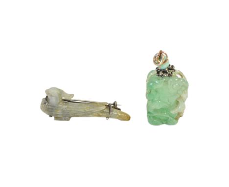 SMALL CARVED JADEITE PENDANT, LATE QING DYNASTY, 3.5cm high; together with a SMALL CARVED JADE PHOENIX, mounted as a brooch, 