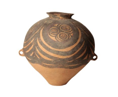 LARGE PAINTED POTTERY STORAGE JAR, NEOLITHIC PERIOD, the globular sides painted in black and deep red with sweeping spirals, 