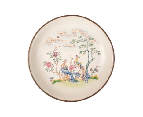 CANTON ENAMEL CIRCULAR BASIN, QING DYNASTY, 18TH / 19TH CENTURY, painted with two phoenix within a verdant blossoming landsca