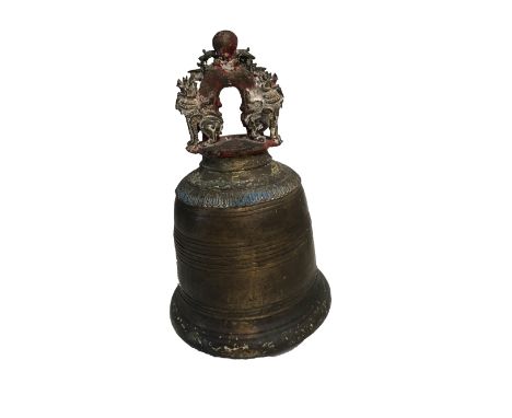 LARGE BRONZE AND POLYCHROME PAINTED TEMPLE BELL, THAILAND, 18TH / 19TH CENTURY, 61cm high, 39cm wide,&nbsp;on an associated m