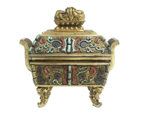 GILT-BRONZE AND HARDSTONE CENSER AND COVER, in the Qianlong style, 18cm high