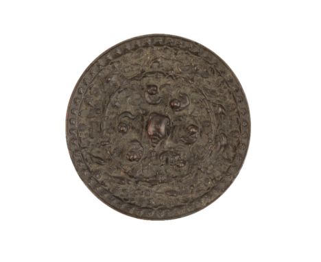 BRONZE CIRCULAR MIRROR, TANG DYNASTY, one side with a central suspension hole formed by a mythical creature, surrounded by si