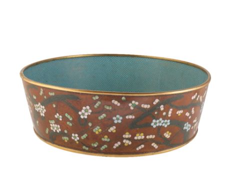 LARGE CLOISONNE BASIN, QING DYNASTY, 19TH CENTURY, the exterior decorated with blossoming prunus branches reserved against a 