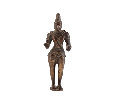 INDIAN BRONZE FIGURE OF SAMBANDAR, CHOLA PERIOD 12TH / 13TH CENTURY, the standing figure adorned in beaded jewellery and wear