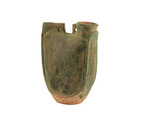 GREEN-GLAZED POTTERY LEATHER-FORM 'PILGRIM' FLASK, LIAO DYNASTY, the top with a cylindrical neck and two pierced suspension h