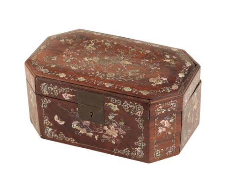 CHINESE ROSEWOOD OBLONG OCTAGONAL BOX AND COVER, 18TH CENTURY, inlaid in mother of pearl with garlands of flowering branches,