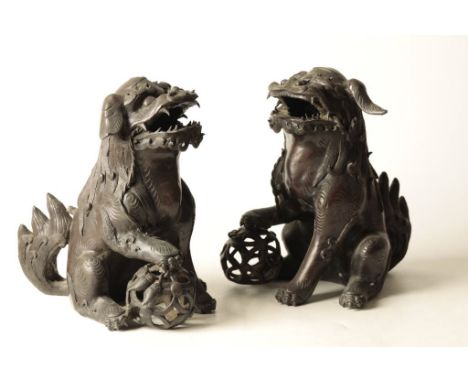 PAIR OF BRONZE DOGS OF FO, QING DYNASTY, late 19th century, approx 28cm high