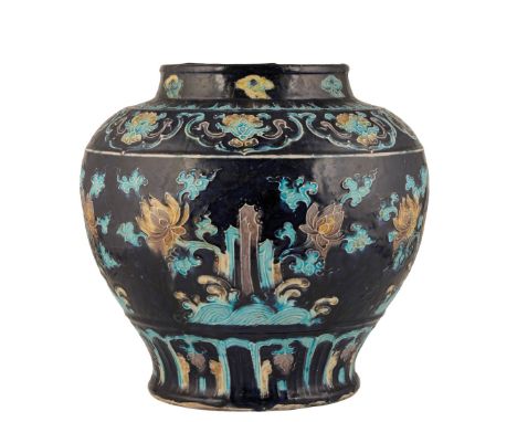 LARGE FAHUA DARK-BLUE GROUND BALUSTER JAR (GUAN), MING DYNASTY, EARLY 16TH CENTURY, with slip-trailed decoration, the neck wi