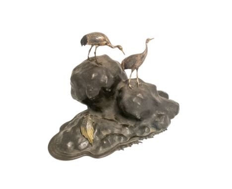 JAPANESE BRONZE AND SILVER OKIMONO OF CRANES AND A MINOGAME TURTLE, BY SEIFU, MEIJI PERIOD, 19.5cm high