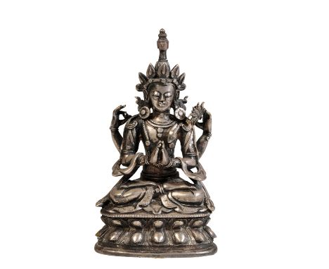 SILVERED BRONZE FIGURE OF TARA, SINO-TIBETAN, 18TH CENTURY, seated in vajraparyanksana on a double lotus pedestal, with princ