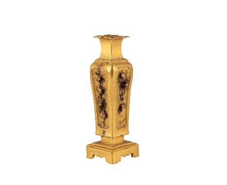 GILT-BRONZE 'TONKIN' SQUARE-SECTION BALUSTER VASE, LATE MING / EARLY QING, the broad foliate-form flat rim above a waisted ne