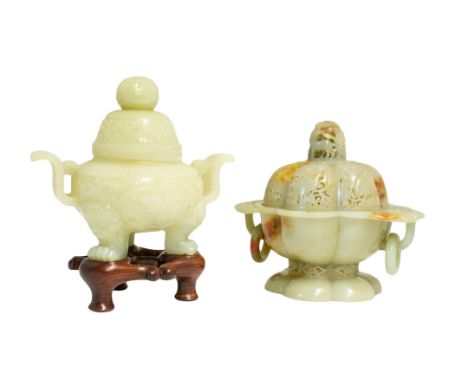 CARVED WHITE JADE TRIPOD CENSER AND COVER, with a fitted hardwood stand, 13.5cm high; together with a CELADON JADE FLORIFORM 