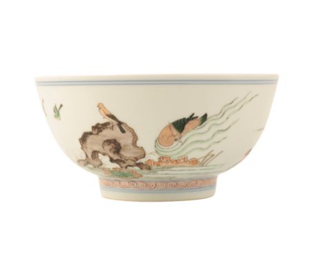 FINE AND RARE FAMILLE VERTE 'MANDARIN DUCKS' BOWL,KANGXI PERIOD, the steep well-potted and slightly-flared sides gently round