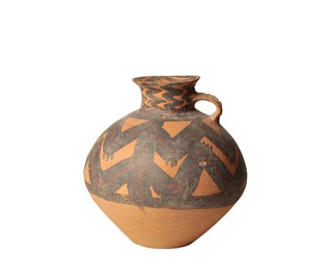 PAINTED POTTERY JAR, NEOLITHIC PERIOD, the ovoid sides painted in black and deep-red with sweeping scrolls, 25cm high Provena