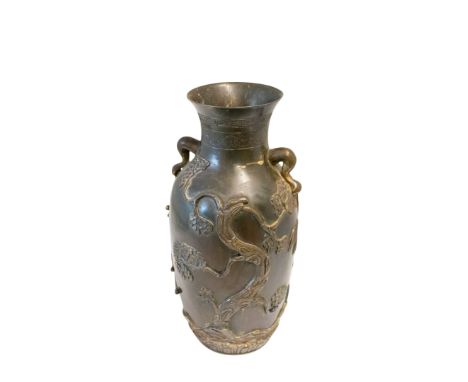 BRONZE VASE, QING DYNASTY, cast with pine trees, bamboo and prunus, 31cm high