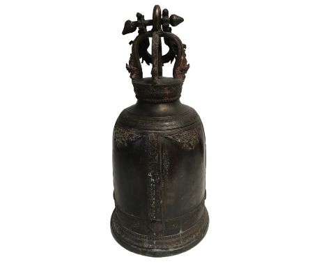 LARGE BRONZE TEMPLE BELL, TIBET, 18TH / 19TH CENTURY, 67cm high, 35cm wide, on an associated modern metal hanging stand