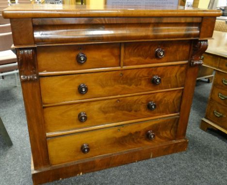 VICTORIAN MAHOGANY CHEST of three long and two short drawers, cushion moulded frieze drawer, 122cms wide x 112cms high Condit