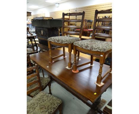 LARGE VINTAGE REFECTORY-TYPE DINING TABLE on carved and pegged supports, with four ladder-back chairs with cushion seats