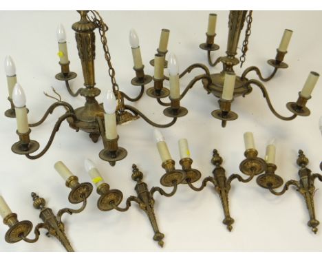 18TH CENTURY-STYLE SUITE OF GILT METAL LIGHTS comprising a pair of six-light ceiling lights and a set of four two-light wall 