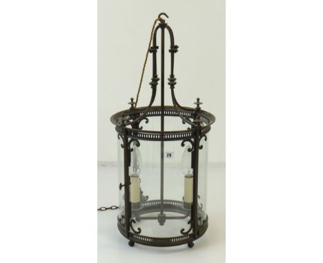 VINTAGE CYLINDRICAL GLASS PANED METAL PORCH LANTERN WITH FITTINGS, 33cms diam., 71cms high Condition Report: small finial mis